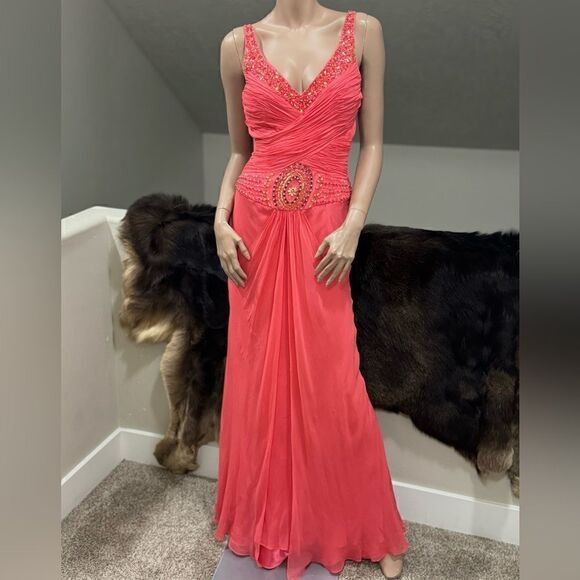 Coral Pink Vintage Style Silk V-neck, Beaded Evening Dress - Picture 1 of 16